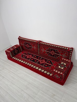 Bakırözü Home Sedir Deseni Şark Köşesi Takımı 70X190 cm  5 Parça Dolu Set - Kırmızı (Çökmeyen Sünger)