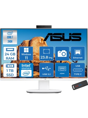 Asus V440VAK Intel® Core™ 7 240H 5.2ghz 24GB Ddr5 1tb SSD 23.8" Fhd 100HZ 250NITS Srgb: %100 WIN11PRO Beyaz Allınone Bilgisayar 24C716512W0DP08+ZETTAUSBBELLEK