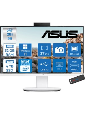 Asus V470VAK Intel® Core™ 5 210H 4.8ghz 32GB Ddr5 4tb SSD 27" Fhd 100HZ 300NITS Srgb: %100 WIN11PRO Beyaz Allınone Bilgisayar 27C516512W0DP15+ZETTAUSBBELLEK