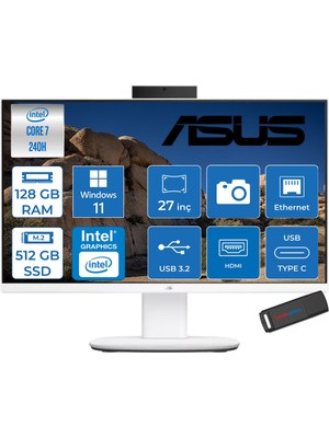 Asus V470VAK Intel® Core™ 7 240H 5.2ghz 128GB Ddr5 512GB SSD 27" Fhd 100HZ 300NITS Srgb: %100 WIN11PRO Beyaz Allınone Bilgisayar 27C716512W0DP37+ZETTAUSBBELLEK