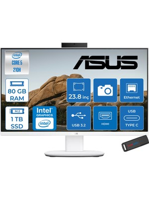 Asus V440VAK Intel® Core™ 5 210H 4.8ghz 80GB Ddr5 1tb SSD 23.8" Fhd 100HZ 250NITS Srgb: %100 Freedos Beyaz Allınone Bilgisayar 24C58512W0DF28+ZETTAUSBBELLEK