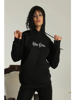 Glam Love Oversizekapüşonlu Sweatshirt“other Lives” Ön ve Arka Baskılı,siiyah -