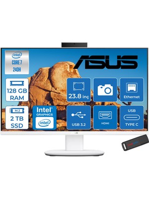 Asus V440VAK Intel® Core™ 7 240H 5.2ghz 128GB Ddr5 2tb SSD 23.8" Fhd 100HZ 250NITS Srgb: %100 Freedos Beyaz Allınone Bilgisayar 24C716512W0DF39+ZETTAUSBBELLEK