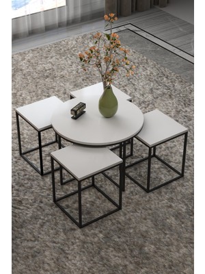 Orta Sehpa ve Zigon Sehpa Oval Lüx 5'li Set Beyaz