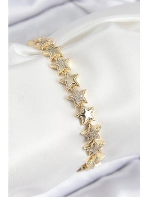 Shopwave Vıp Pirinç Zirkon Taşlı Yıldız Model Gold Renk Kadın Bileklik