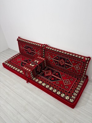 Bakırözü Home Sedir Deseni Şark Köşesi Takımı 70X190 cm  4 Parça Dolu Set - Kırmızı (Çökmeyen Sünger)