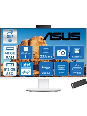 Asus V440VAK Intel® Core™ 7 240H 5.2ghz 48GB Ddr5 512GB SSD 23.8" Fhd 100HZ 250NITS Srgb: %100 WIN11PRO Beyaz Allınone Bilgisayar 24C716512W0DP17+ZETTAUSBBELLEK