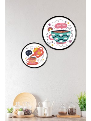 GLASSİFY 2 Parça Metal Çerçeveli Mdf Uv Baskı Mutfak Duvar Tablosu Seti - Coffee & Tea Time 30 Çap ve 20 Çap