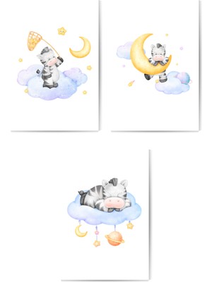 GLASSİFY 3’lü Pastel Yavru Zebra & Bulut Mdf Çocuk Odası/bebek Odasıtablo Seti