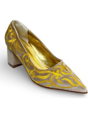 Elisa 0999 Topuk Boyu: 6 cm Özel Tasarım Baskı Altın Desenli Kadın Topuklu Ayakkabı