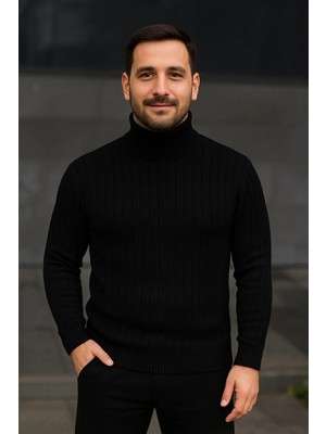 Glam Love Balıkcı Yaka Bağazlı Triko Kazak Pamuklu Kalın Fitilli Dokuma, Regular- Siyah