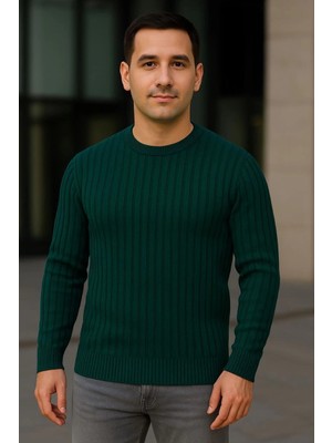 Glam Love Bisiklet Yuvarlak Yaka Triko Kazak Pamuklu Kalın Fitilli Dokuma, Regular Fit Uzun Kollu Kışlık Model - Haki