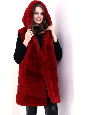 Glam Love Kapşonlu Peluş Kürk Yelek Premium Kalite, Tam Astarlı, Uzun Model - Kırmızı