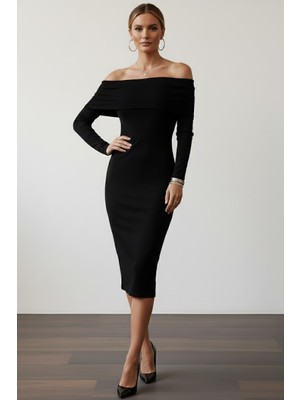 Zuzudan Kadın Siyah Madonna Yaka Sandy Kumaş Esnek Midi Boy Uzun Kollu Elbise