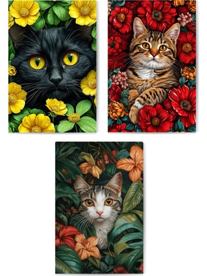 GLASSİFY 3’lü Estetik Kedi ve Botanik Mdf Tablo Seti