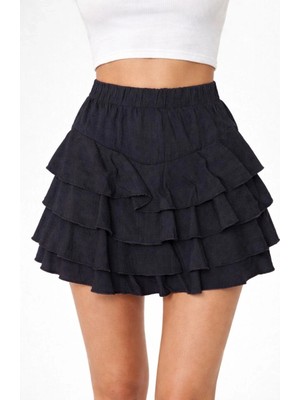 Glam Love Siyah Katlı Mini Fırfıtlı Etek Lastikli Yüksel Bel, Volanlı Tasarım, Rahat Kalıp, Günlük ve Şık Kombinelere Uygun Yazlık Etek - Siyah