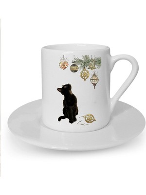 Yılbaşı Noel Temalı Sevimli Kedi Baskılı Beyaz Türk Kahvesi Fincanı