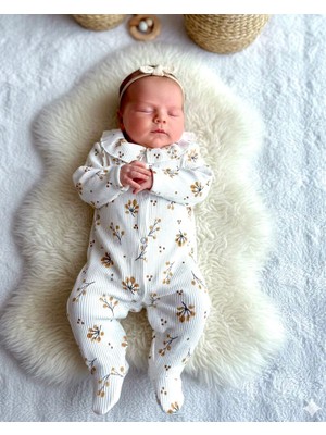 Beren %100 Pamuklu Ribana Esnek Kumaş Bebe Yaka Çiçekli Kız Bebek Tulum