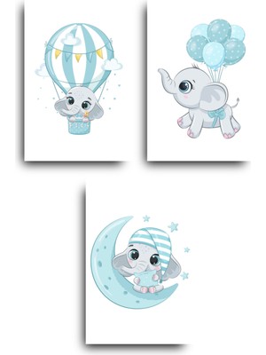 GLASSİFY 3’lü Mavi Yavru Fil Mdf Bebek Odası/çocuk Odası Tablo Seti