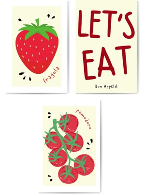 GLASSİFY Çilek ve Domates (Fragola, Pomodoro) Temalı 3'lü Mdf Tablo