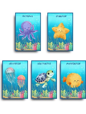 GLASSİFY Sevimli Okyanus Sakinleri 5'li Mdf Çocuk Odası Tablo Seti