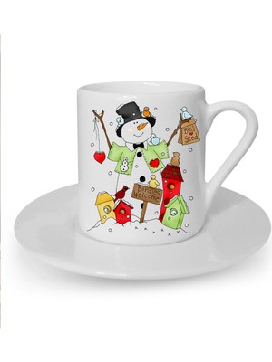 Yılbaşı Noel Temalı Sevimli Kedi Baskılı Beyaz Türk Kahvesi Fincanı