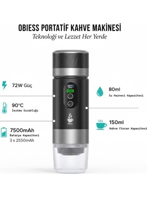 Obiem Obıess Taşınabilir Espresso Kahve Makinesi Siyah  Şarjlı Kapsül ve Öğütülmüş Kahve ile Uyumlu V3