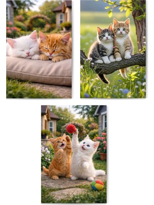 GLASSİFY 3’lü Sevimli Yavru Kediler & Bahçe Keyfi Mdf Tablo Seti