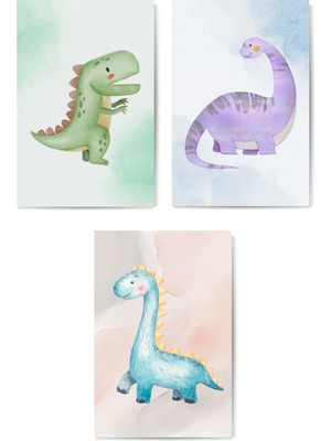 GLASSİFY 3’lü Sevimli Dinozorlar Mdf Çocuk Odası Tablo Seti