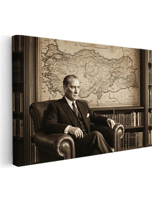 Tablofest Yatay Kanvas Tablo Kütüphanede Atatürk ve Türkiye Haritası Ev Ofis Duvar Dekoru