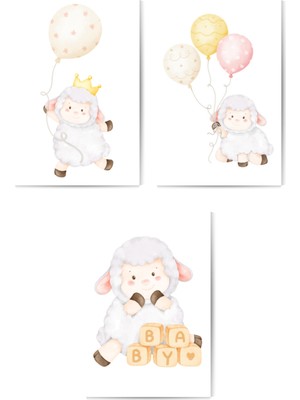 GLASSİFY 3’lü Sevimli Kuzucuklar & Balonlar Mdf Bebek Odası/çocuk Odası Tablo Seti