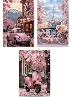 GLASSİFY 3’lü Estetik Pembe Paris ve Nostalji Mdf Tablo Seti