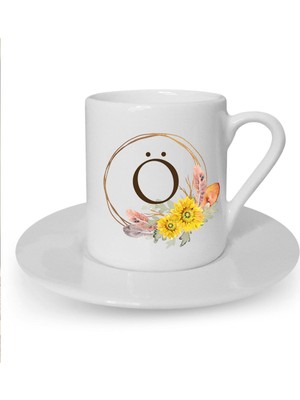Çiçek Desenli Ö Harfi Baskılı Beyaz Türk Kahvesi Fincanı