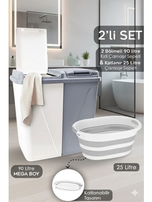 Buclee Mega Boy 90 Lt Çift Bölmeli Kirli Çamaşır Sepeti ve Katlanır Akordiyon Sepet Seti - Gri