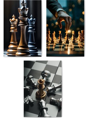 GLASSİFY 3’lü Modern Satranç Temalı Mdf Tablo Seti