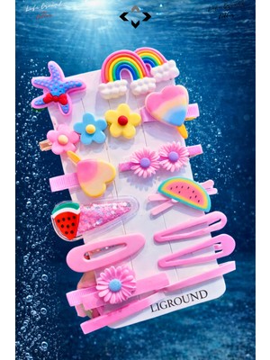 Liground Pembe Simli Silikon Kız Çocuk Saç Tokası Seti 14’lü Simli Renkli Desenli Çıtçıt, Peluş ve Figürlü Toka Çiçek