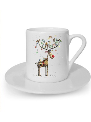 Yılbaşı Noel Temalı Sevimli Kedi Baskılı Beyaz Türk Kahvesi Fincanı