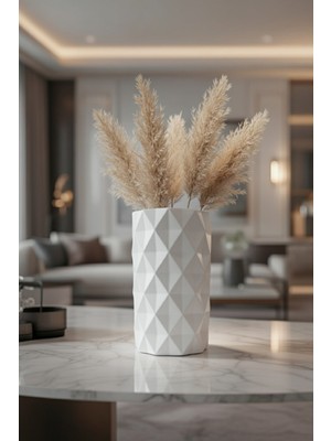 Safir Design Pampas Hediyeli El Yapımı Beyaz Iskandinav Vazo | Minimalist Geometrik Tasarım Şık Vazo