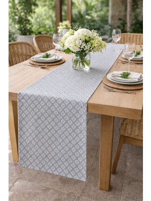 Rona Home Premium Kalite Leke Tutmaz Kumaş Gri Çiçek Desenli Masa Runnerı Şık Mutfak Salon Yemek Masası Örtüsü