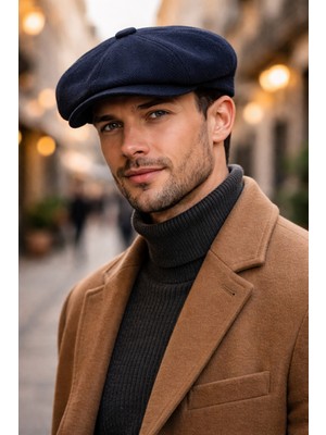 Erkek Kışlık Kaşe Kumaş Desenli Arkası Lastikli Standart Kasket Şapka (Newsboy Cap)