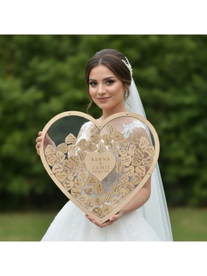 Evlilik Sepetim Düğün-Nişan Kalp Desenli 50 cm Büyüklüğünde Şeffah Pleksi Misafir-Hatıra Anı Kutusu + Şövale ve Kalem Hediyeli