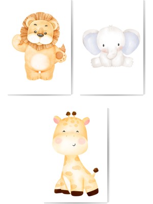 GLASSİFY 3’lü Sevimli Aslan, Fil ve Zürafa Bebek Odası/çocuk Odası Mdf Tablo Seti