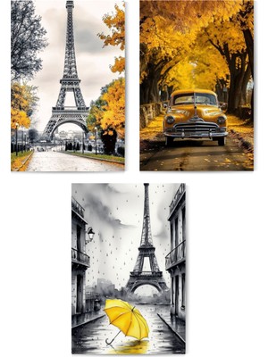 GLASSİFY 3’lü Sarı Detaylı Paris & Klasik Araba Mdf Tablo Seti