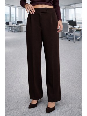 Kadın Kahve Likralı Cırt Kapamalı Palazzo Pantolon – Yüksek Bel Toparlayıcı, Rahat Kesim