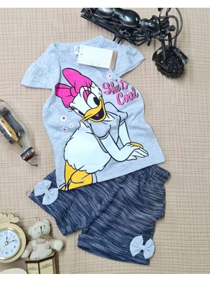 Buufuu Daisy Baskılı Simli Kısa Kollu  Fiyonklu Şortlu Kız Çocuk Takım