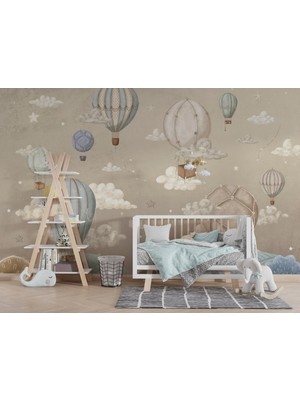 Grown Kahverengi Gökyüzü Bulutlar Arasında Uçan Balonlar Çocuk Odası Duvar Kağıdı