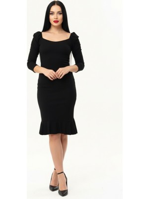 Zuzudan Kadın Siyah Balon Kol Eteği Volanlı Elbise