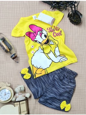 Buufuu Daisy Baskılı Simli Kısa Kollu  Fiyonklu Şortlu Kız Çocuk Takım