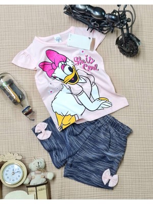 Buufuu Daisy Baskılı Simli Kısa Kollu  Fiyonklu Şortlu Kız Çocuk Takım