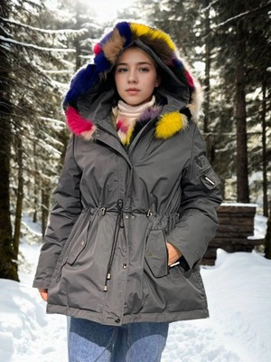 Kadın Su Geçirmez Kapüşonlu Mont - Füme